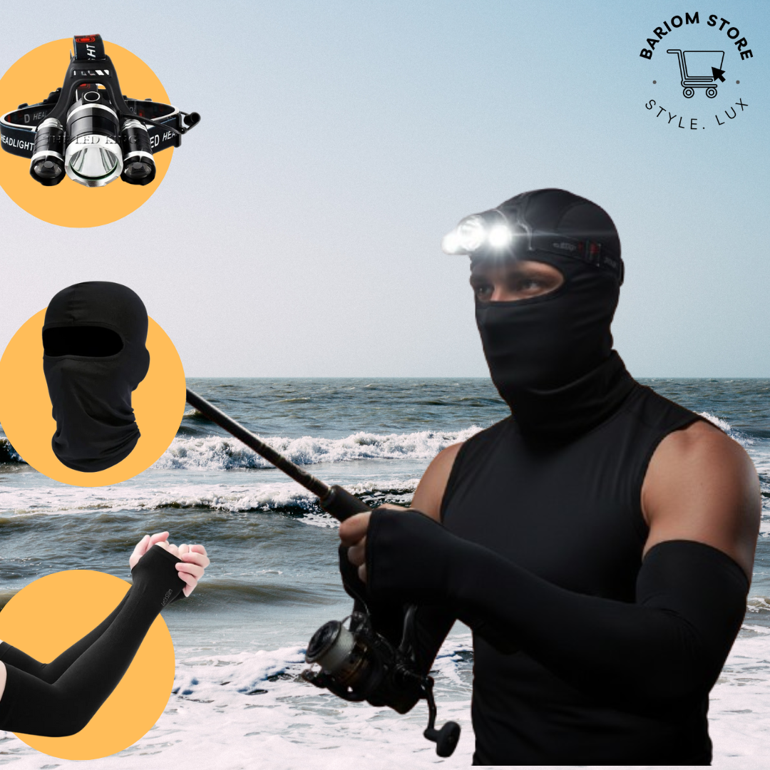 مجموعة متكاملة لعشاق الصيد والرياضيين- مصباح الرأس - واقي الذراع من البرد والشمس + كاكول احترافي